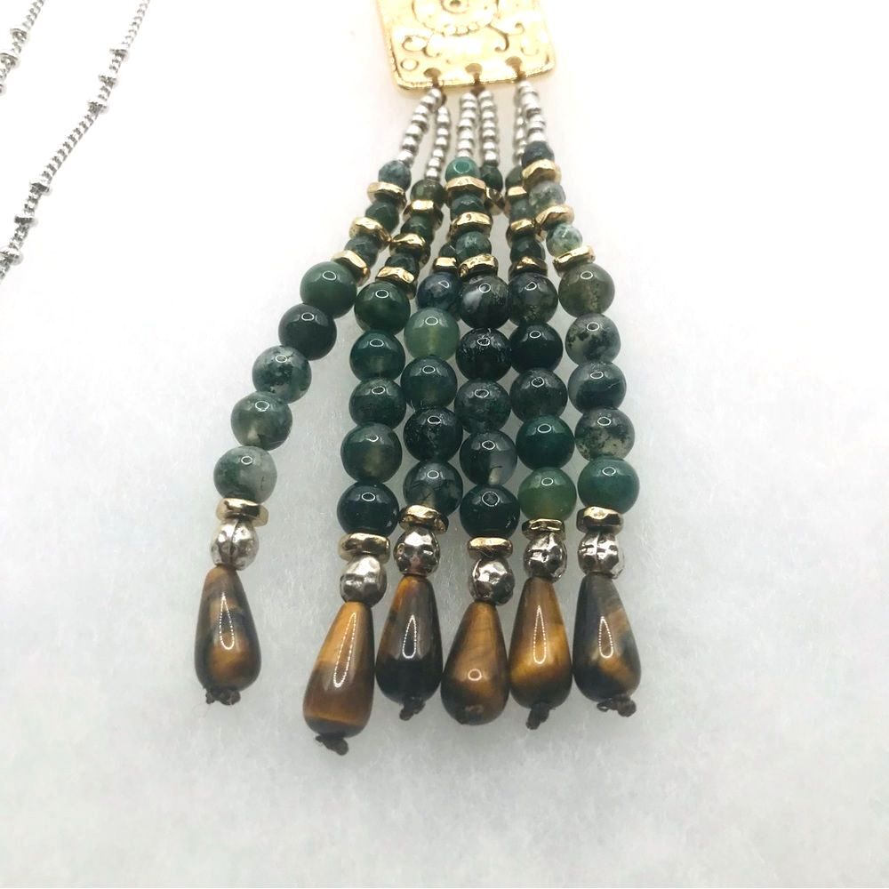 Gold and Green Quartz and Tiger’s Eye Stone Beaded Tassel Necklace